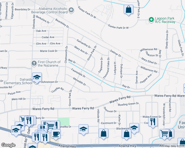 map of restaurants, bars, coffee shops, grocery stores, and more near 4030 Ray Drive in Montgomery