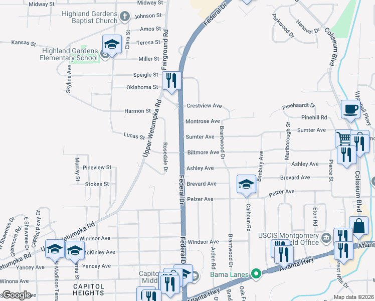 map of restaurants, bars, coffee shops, grocery stores, and more near 1114 Federal Drive in Montgomery