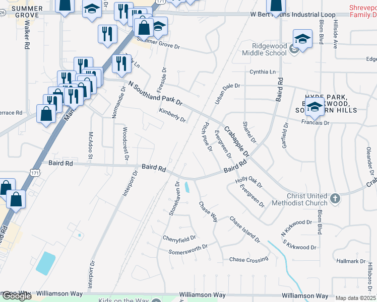 map of restaurants, bars, coffee shops, grocery stores, and more near 9402 Brookside Circle in Shreveport