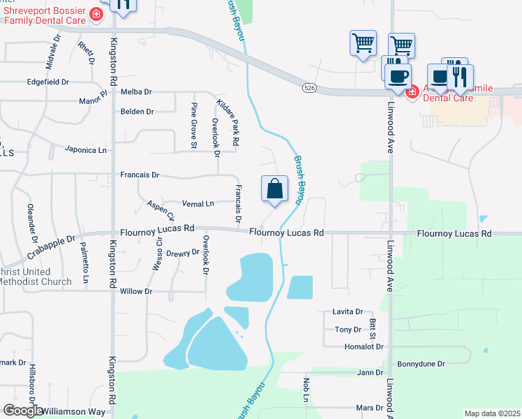 map of restaurants, bars, coffee shops, grocery stores, and more near 705 Crooked Creek Circle in Shreveport