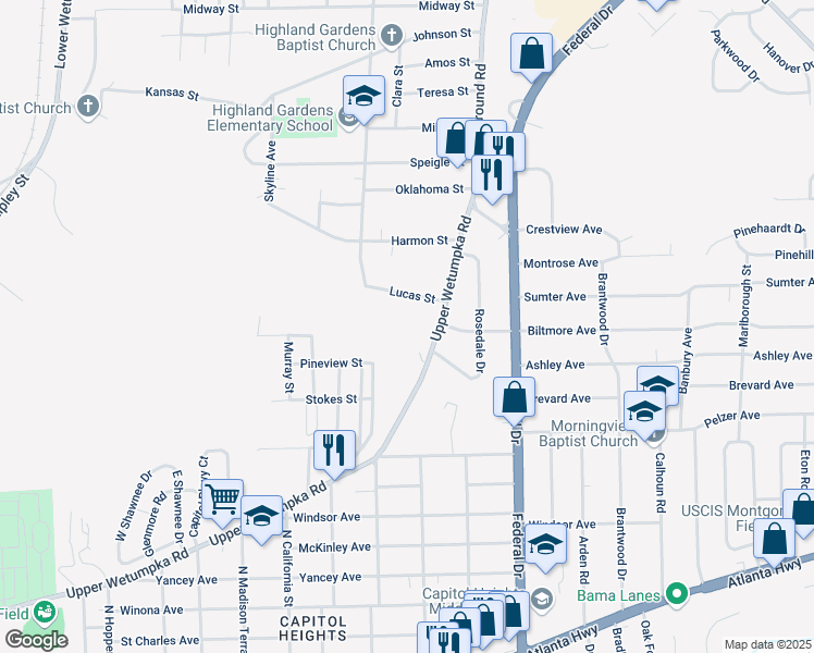 map of restaurants, bars, coffee shops, grocery stores, and more near 2203 Upper Wetumpka Road in Montgomery