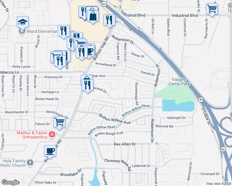 map of restaurants, bars, coffee shops, grocery stores, and more near 4708 Spanish Oak Court in Abilene