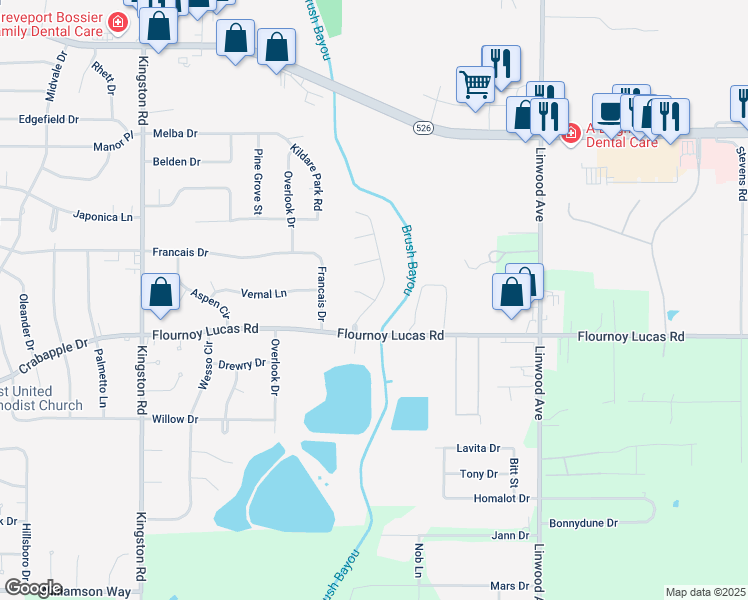 map of restaurants, bars, coffee shops, grocery stores, and more near 705 Crooked Creek Cir in Shreveport