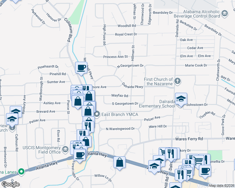 map of restaurants, bars, coffee shops, grocery stores, and more near 3555 Mayfair Road in Montgomery