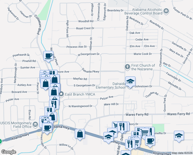 map of restaurants, bars, coffee shops, grocery stores, and more near 3621 Mayfair Road in Montgomery