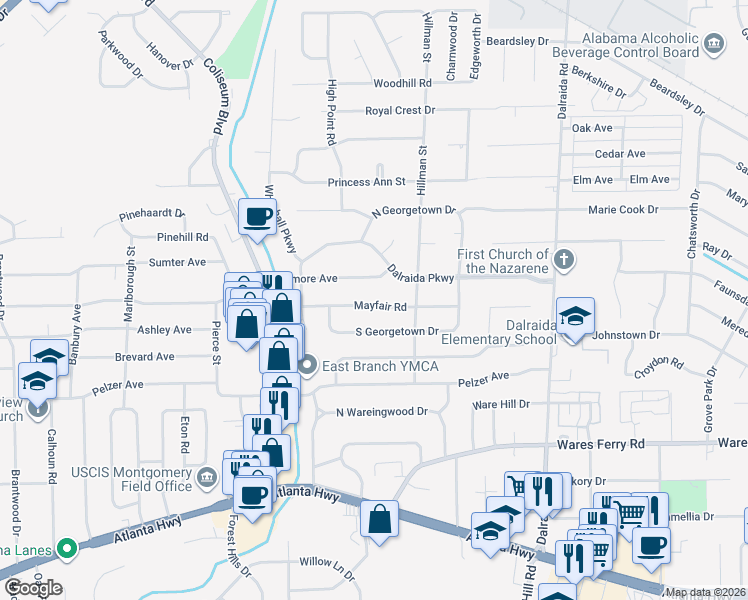 map of restaurants, bars, coffee shops, grocery stores, and more near 3555 Mayfair Road in Montgomery