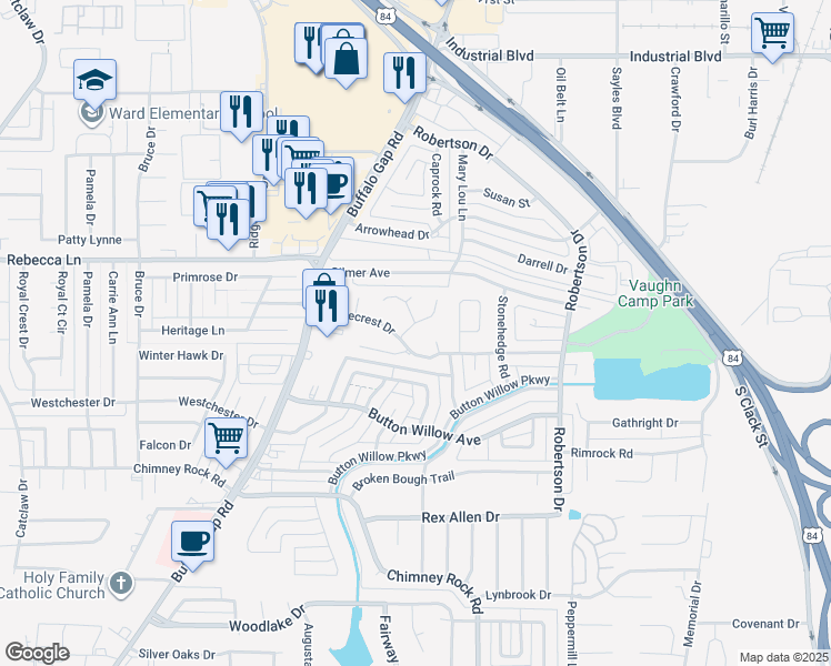 map of restaurants, bars, coffee shops, grocery stores, and more near 4709 Oak Knoll Street in Abilene