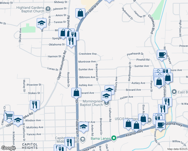 map of restaurants, bars, coffee shops, grocery stores, and more near 2771 Biltmore Avenue in Montgomery