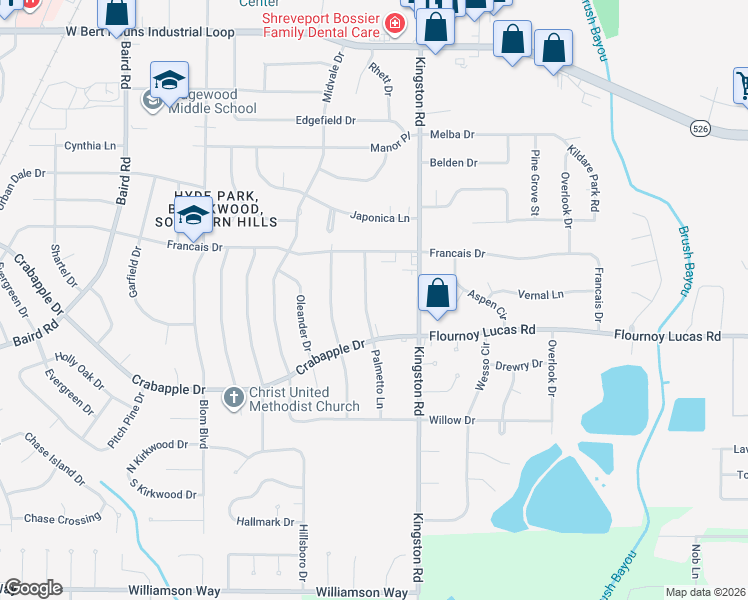 map of restaurants, bars, coffee shops, grocery stores, and more near 9420 Palmetto Lane in Shreveport