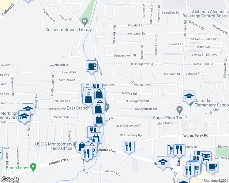 map of restaurants, bars, coffee shops, grocery stores, and more near 3507 Mayfair Road in Montgomery
