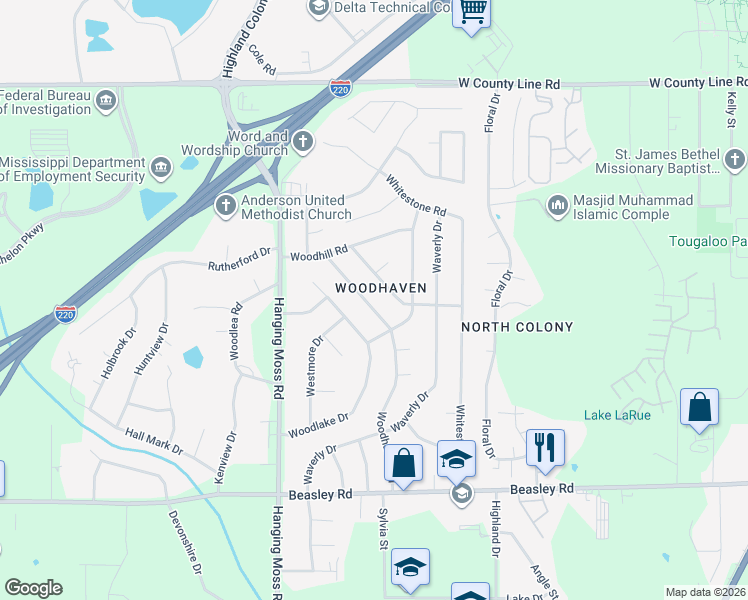 map of restaurants, bars, coffee shops, grocery stores, and more near 6126 Woodhaven Road in Jackson