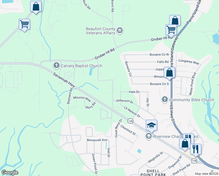 map of restaurants, bars, coffee shops, grocery stores, and more near 72 Cleveland Drive in Beaufort