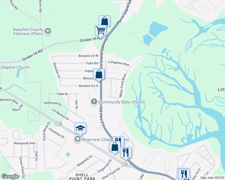 map of restaurants, bars, coffee shops, grocery stores, and more near 2 Hornsborough Court in Beaufort