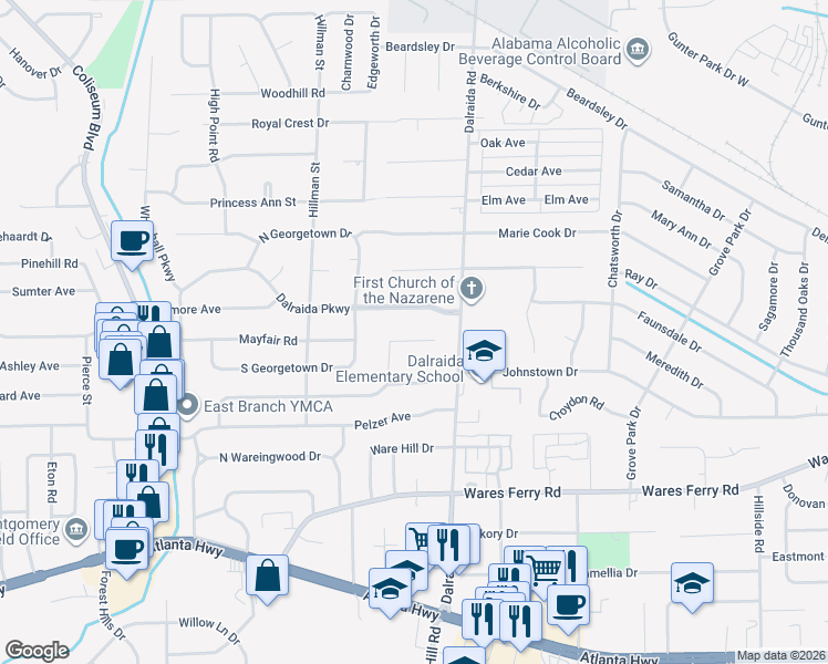 map of restaurants, bars, coffee shops, grocery stores, and more near 3727 Honeysuckle Court in Montgomery