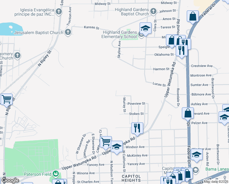 map of restaurants, bars, coffee shops, grocery stores, and more near 1007 Potts Court in Montgomery