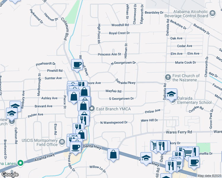 map of restaurants, bars, coffee shops, grocery stores, and more near 3555 Mayfair Road in Montgomery