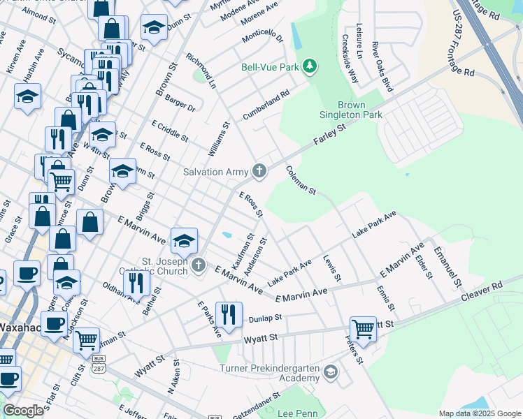 map of restaurants, bars, coffee shops, grocery stores, and more near 519 East Ross Street in Waxahachie