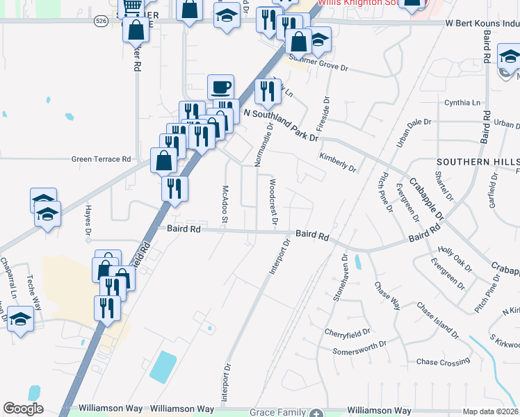 map of restaurants, bars, coffee shops, grocery stores, and more near 9447 Normandie Drive in Shreveport