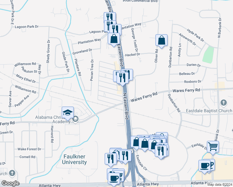 map of restaurants, bars, coffee shops, grocery stores, and more near 12 Phlox Lane in Montgomery