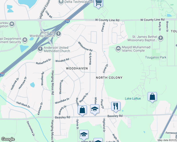 map of restaurants, bars, coffee shops, grocery stores, and more near 510 Woodson Drive in Jackson