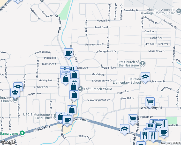 map of restaurants, bars, coffee shops, grocery stores, and more near 3513 Mayfair Dr in Montgomery