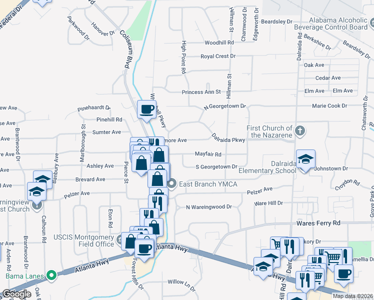 map of restaurants, bars, coffee shops, grocery stores, and more near 3513 Mayfair Dr in Montgomery
