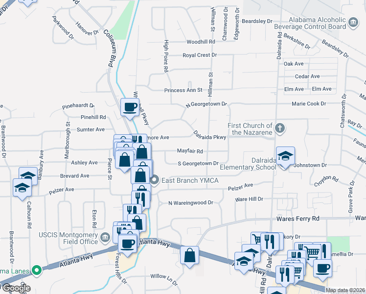 map of restaurants, bars, coffee shops, grocery stores, and more near 3555 Mayfair Road in Montgomery