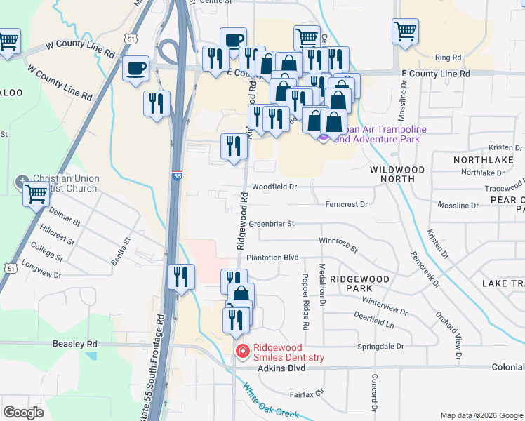 map of restaurants, bars, coffee shops, grocery stores, and more near 1151 Ridgewood Boulevard in Jackson