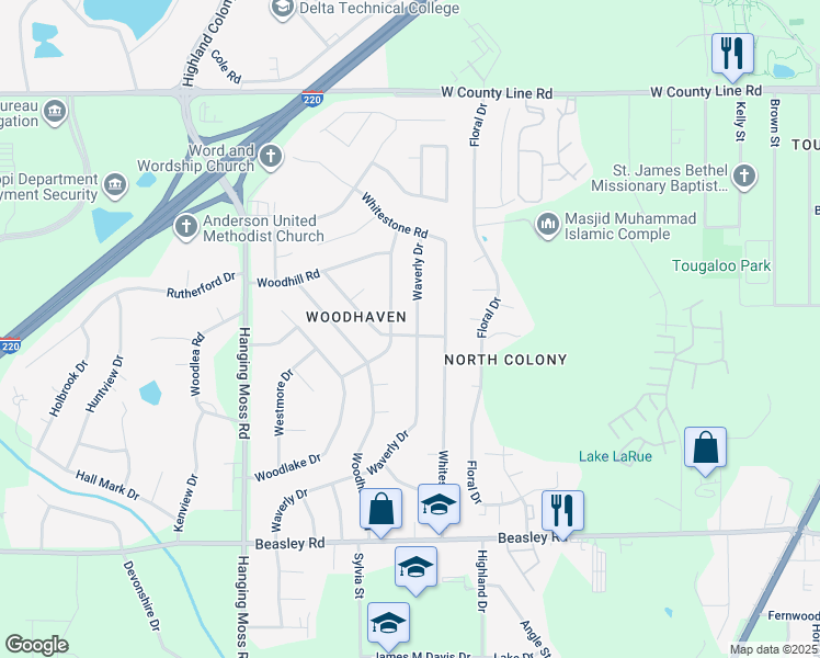 map of restaurants, bars, coffee shops, grocery stores, and more near 510 Woodson Drive in Jackson