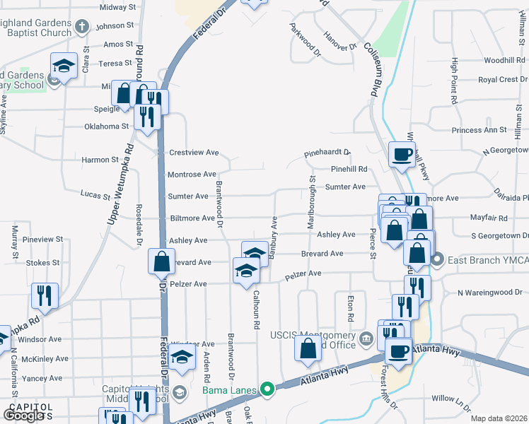 map of restaurants, bars, coffee shops, grocery stores, and more near 2851 Biltmore Avenue in Montgomery