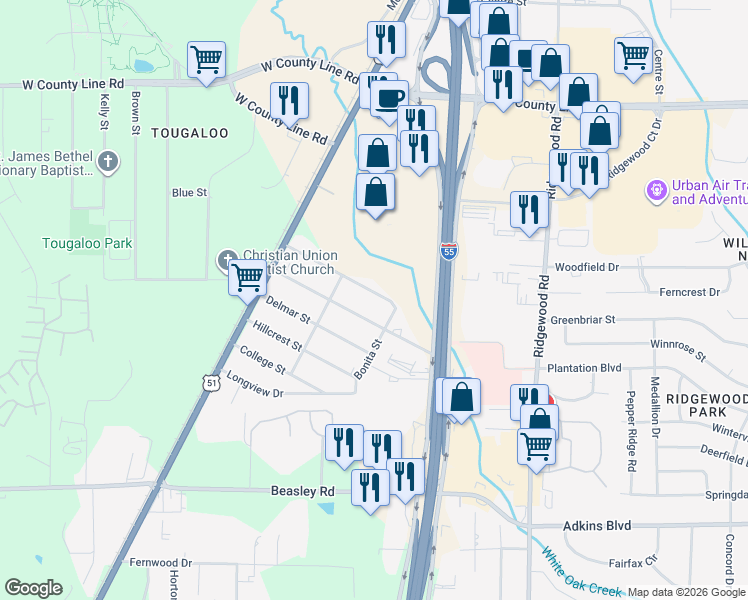 map of restaurants, bars, coffee shops, grocery stores, and more near 261 White Oak Court in Jackson