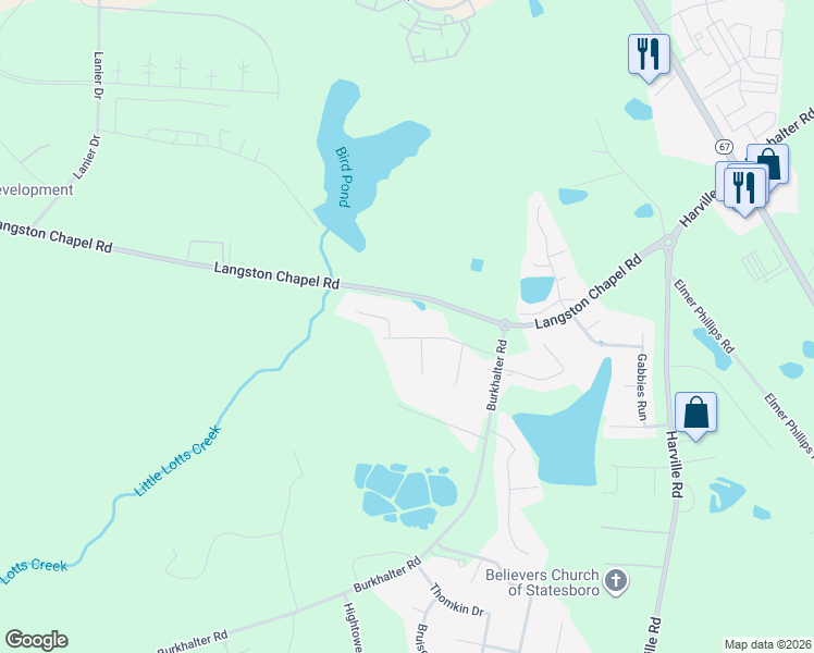 map of restaurants, bars, coffee shops, grocery stores, and more near 803 King Arthur Drive in Statesboro