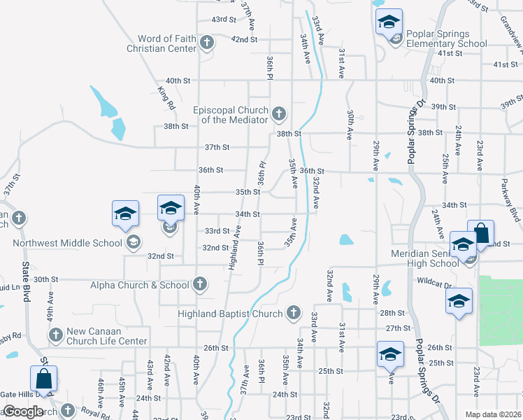 map of restaurants, bars, coffee shops, grocery stores, and more near 3546 34th Street in Meridian