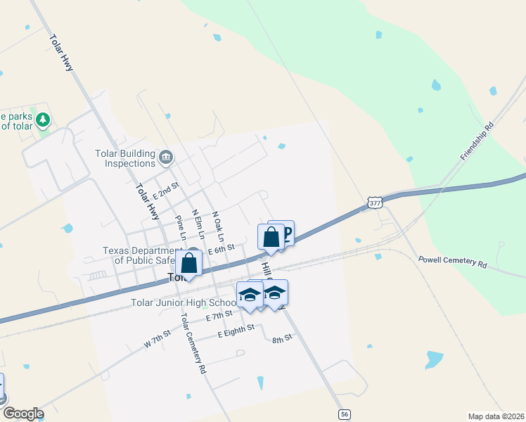 map of restaurants, bars, coffee shops, grocery stores, and more near 517 East 4th Street in Tolar