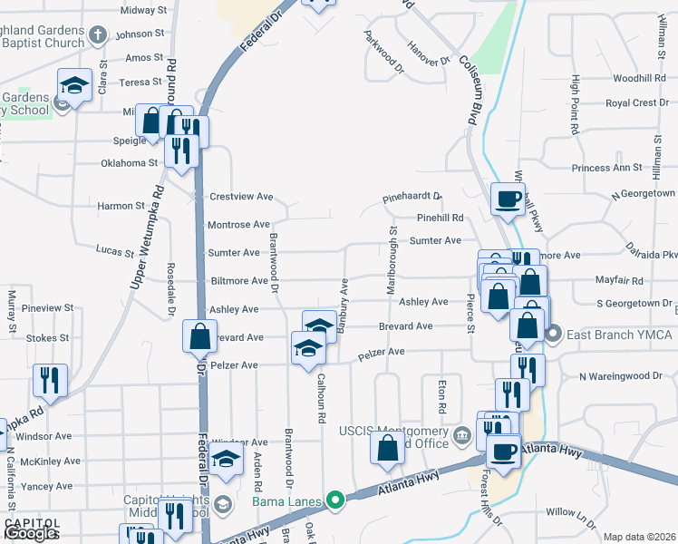map of restaurants, bars, coffee shops, grocery stores, and more near 2851 Biltmore Avenue in Montgomery