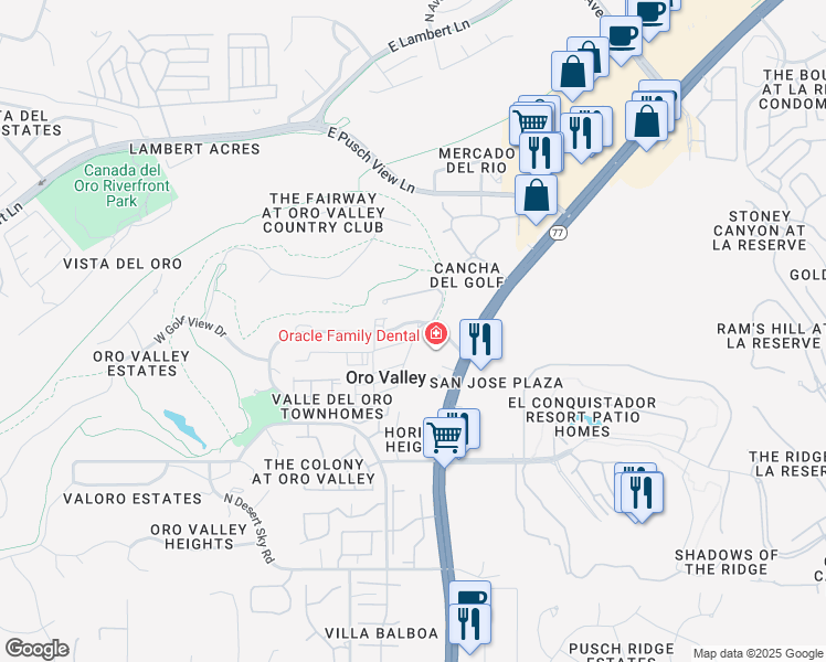map of restaurants, bars, coffee shops, grocery stores, and more near 10245 North Valle Del Oro Drive in Tucson