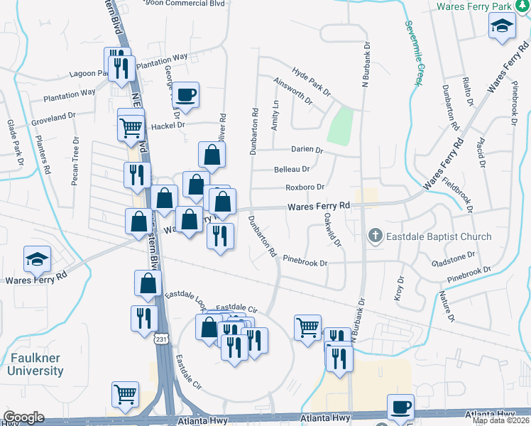 map of restaurants, bars, coffee shops, grocery stores, and more near 576 Dunbarton Road in Montgomery