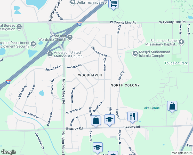 map of restaurants, bars, coffee shops, grocery stores, and more near 536 Woodson Drive in Jackson