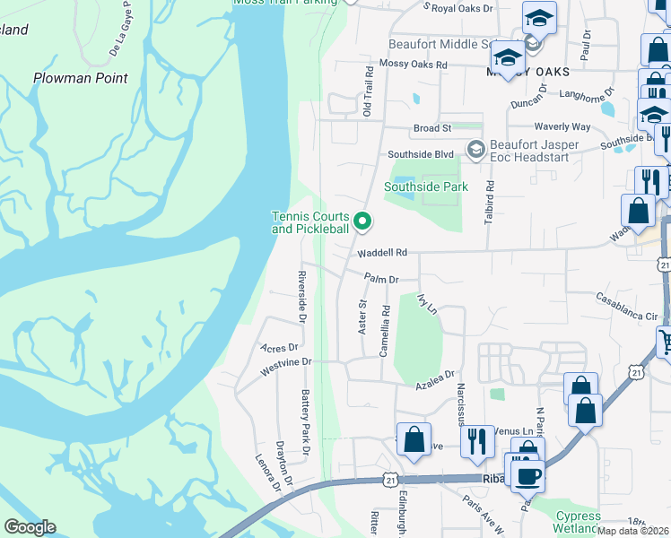 map of restaurants, bars, coffee shops, grocery stores, and more near 2903 Riverside Dr in Beaufort