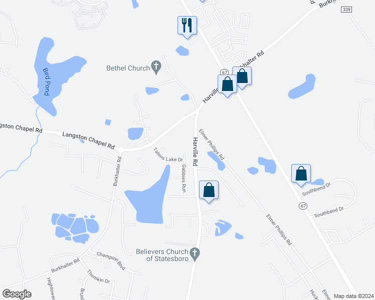 map of restaurants, bars, coffee shops, grocery stores, and more near 2106 Gabbies Run in Statesboro