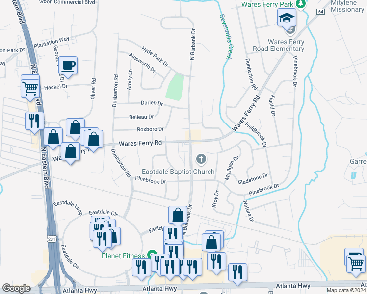 map of restaurants, bars, coffee shops, grocery stores, and more near 5924 Wares Ferry Road in Montgomery
