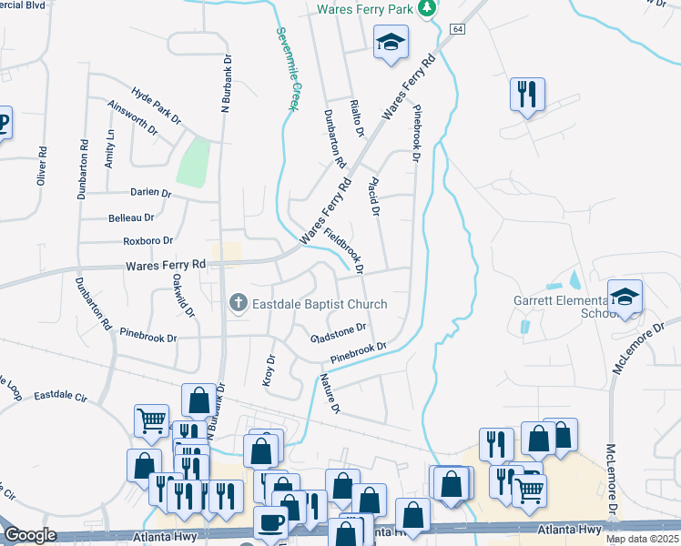 map of restaurants, bars, coffee shops, grocery stores, and more near 6163 Hinchcliff Road in Montgomery