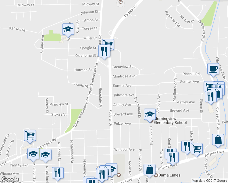 map of restaurants, bars, coffee shops, grocery stores, and more near 1114 Federal Drive in Montgomery