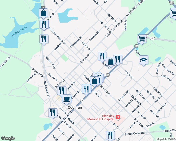 map of restaurants, bars, coffee shops, grocery stores, and more near 128 North 6th Street in Cochran