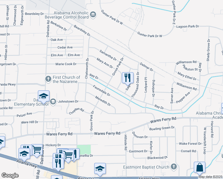 map of restaurants, bars, coffee shops, grocery stores, and more near 528 Grove Park Drive in Montgomery
