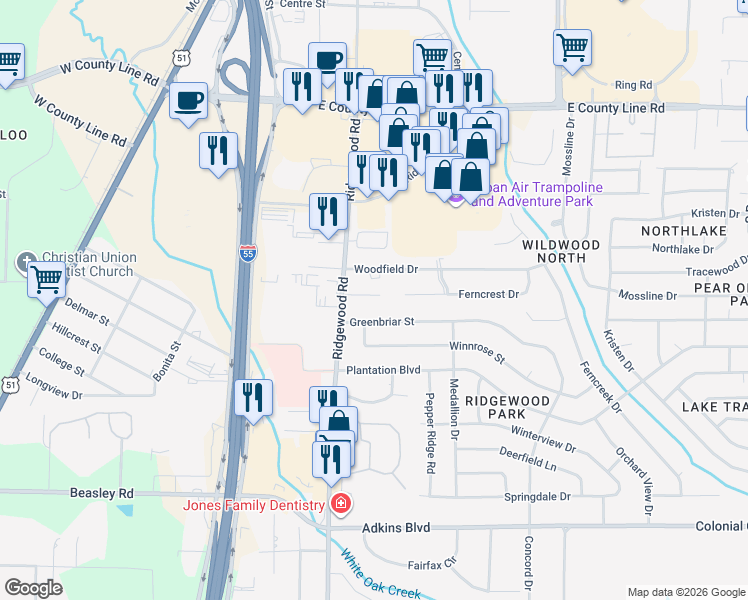 map of restaurants, bars, coffee shops, grocery stores, and more near 1151 Ridgewood Boulevard in Jackson