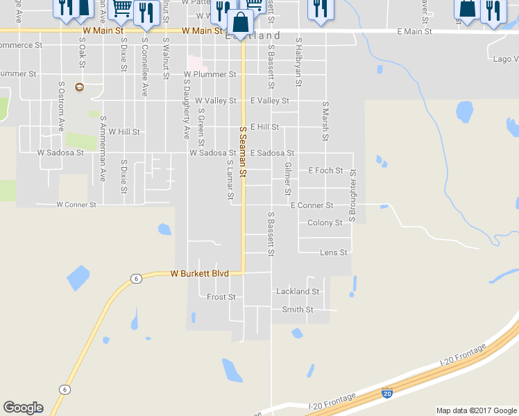 map of restaurants, bars, coffee shops, grocery stores, and more near 111 East Conner Street in Eastland