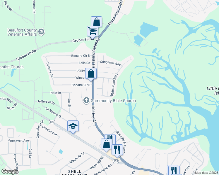 map of restaurants, bars, coffee shops, grocery stores, and more near 14 Wateree Ct in Beaufort