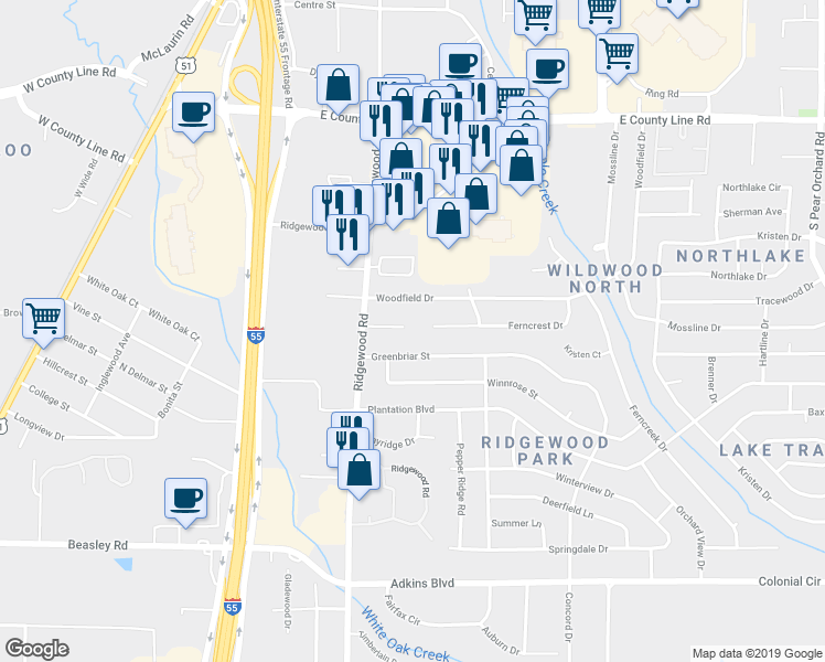 map of restaurants, bars, coffee shops, grocery stores, and more near 1151 Ridgewood Boulevard in Jackson