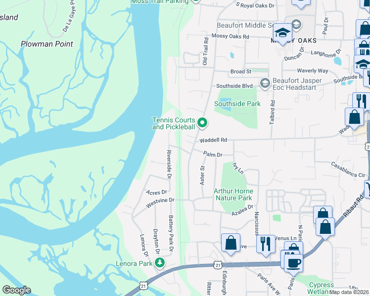 map of restaurants, bars, coffee shops, grocery stores, and more near 2903 Riverside Drive in Beaufort